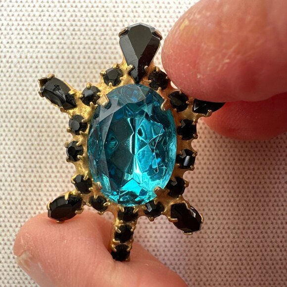 Vintage Turtle Brooch Teal Glass Rhinestones - Picture 4 of 10